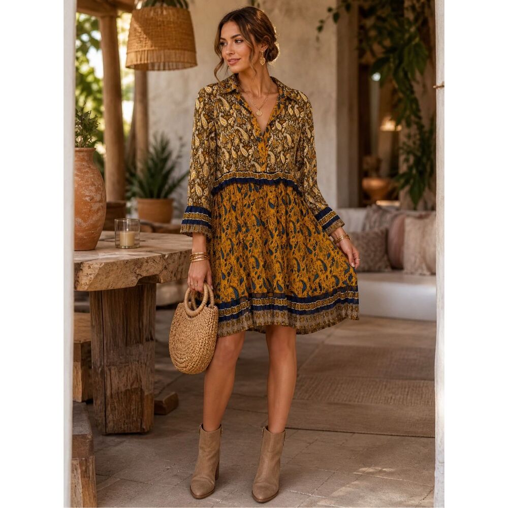 Peace & Love by Calao Boho Paisley Mini Dress Mustard Blue Size L